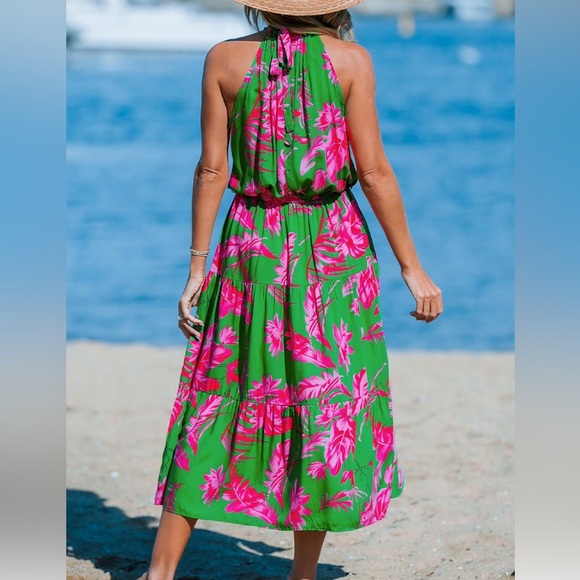 Cupshe Pink-and-Green Floral Maxi Halter Beach Dress - Picture 3 of 4